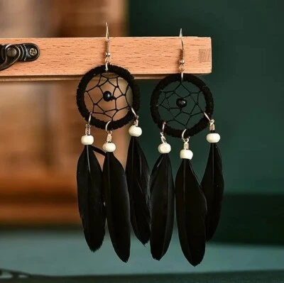 Black Bohemian Earrings Dream Catcher Feather Earrings- Boho Long Tassel Stylish - Image 1 of 2