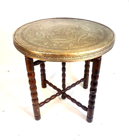 English Antique Bobbin Turned Folding Table. Brass Top. Useful . Genuine Cover