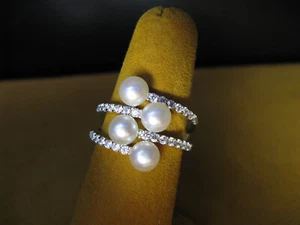 HONORA PEARL RING SIZE 7 WHITE BYPASS SS CZ Cubic zirconia Bridal Gft Christmas - Picture 1 of 3