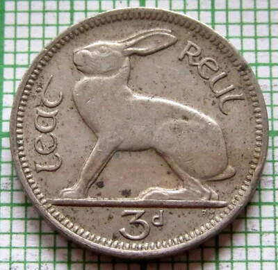 IRELAND 1968 3 PINGIN PENCE THREEPENCE, HARE & Gaelic Harp, km# 12a - Image 1 of 4