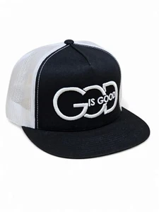 Unisex GOD IS GOOD Black & White YUPOONG Trucker Hat Flat Bill ONE SIZE FITS ALL - Picture 1 of 20