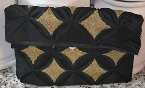 Quilted Fabric Black And Gold Vintage Clutch - Picture 1 of 5