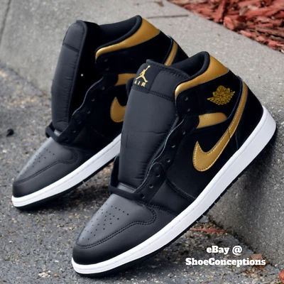 Nike Air Jordan 1 Mid Shoes Black Metallic Gold White DQ8426-071 Men's & GS NEW - Image 1 of 4
