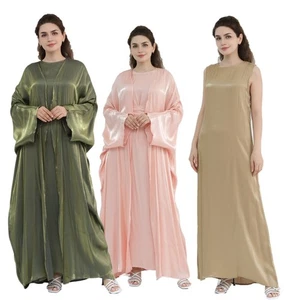 Elegant Women Abaya Solid Color Fashion Loose Cardigan With Belt Inner Dress Set - Foto 1 di 59