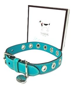 NEW COACH TURQUOISE LEATHER SILVER GROMMETS PET DOG COLLAR 60112 SIZE MEDIUM - Picture 1 of 16