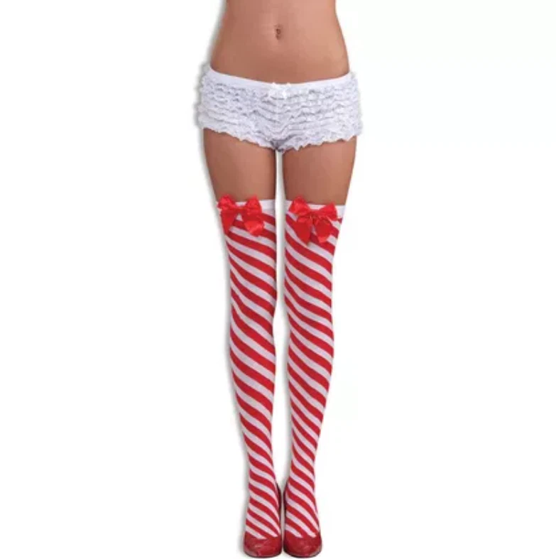 Meias femininas listradas vermelhas e brancas para coxa de bengala doce - Imagem 1 de 1
