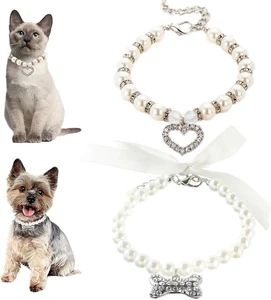 2 Pack White Small Dog Collars for Female Dogs,Bling Pearl Puppy Collar Necklace - Picture 1 of 5