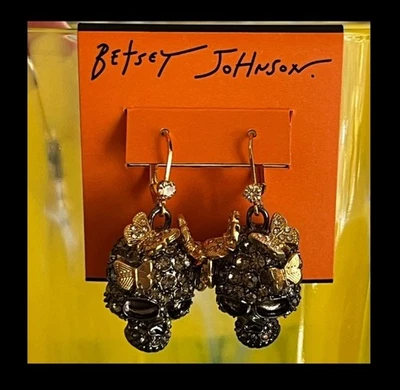 NEW BETSEY JOHNSON  Gunmetal Tone Butterfly Skull Earrings - Image 1 of 4