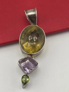 Vintage Natural Multi Stone Peridot Amethyst Citrine Sterling Silver 925 Pendant - Picture 1 of 16