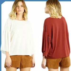 Kiabi Camiseta Mujer M L XL Ecru Marrón Con Mangas De Volante Escote Barco - Bild 1 von 36
