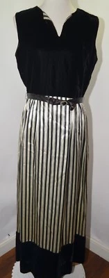 VTG 80s Black Ivory Velvet Silky Striped Sleeveless Empire Waist Dress Womens 14 - Image 1 of 4
