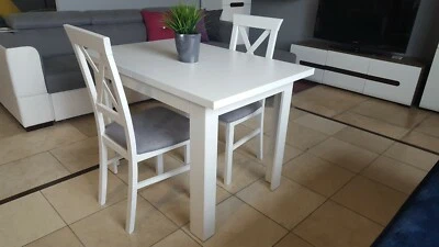 SET of white extending dining table and 2 wooden chairs with grey fabric Alla2 - Image 1 of 4