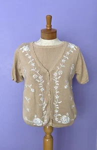 Vintage Kathie Lee Embroidered Cardigan Sweater Womens M Short Sleeve Floral - Picture 1 of 10