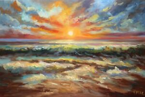 Original Oil SEASCAPE SUNSET SEA Landscape canvas Impressionism signed
