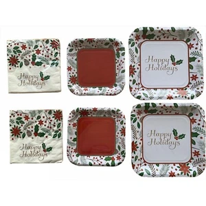 Happy Holidays Christmas Holly Berries Paper Plates and Napkins Serves 16 Party - Picture 1 of 4