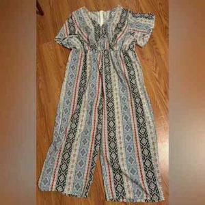 Emery Rose Bohemian Paisley Floral Striped Short Sleeve Jumpsuit - Picture 1 of 4