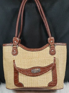 Rosetti Woven Bag With Brown Vinyl Trim And Bottom And Braided Handles - Picture 1 of 10