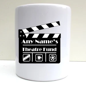 PERSONALISED THEATRE TICKETS SAVING FUND PRINT CERAMIC MONEY BOX SAVING POT - Picture 1 of 4