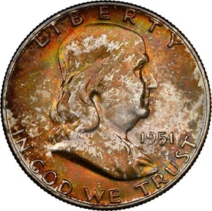 1951 Franklin Half Dollar 50c NGC MS 67 CAC Rainbow Toned - Picture 1 of 5
