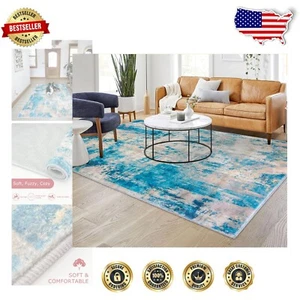 Vibrant Abstract 5x7 Area Rug - Turquoise and Beige Washable Low Pile Carpet - Picture 1 of 10