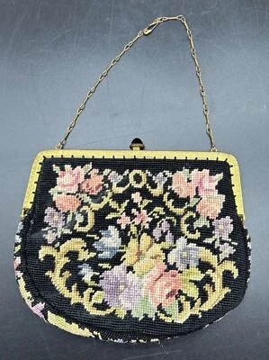 Antique Needlepoint Petit Point Flowers Brass Frame Chain Gem Clasp Black Floral - Image 1 of 4
