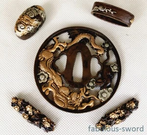 Gold copper dragon tsuba fuchi menuki for Japanese Katana sword wakizashi tanto - Picture 1 of 4