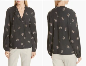 Blusa Top VINCE Tirado Ramo Floral Cuello Atado Kimono Arrugado Popover XS Negra - Imagen 1 de 15