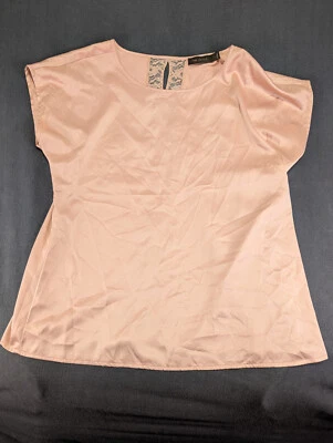 The Limited Blouse Large Blush Short Sleeve Round Neck Satin Lace Sheer Back - Image 1 of 4