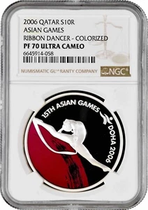 Qatar 10 riyal 2006, NGC PF70 UC, "Asian Games, Ribbon Dancer" Top Pop 3/0 - Picture 1 of 2