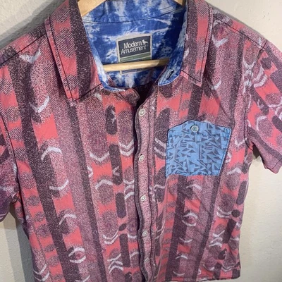 Modern Amusement Button Shirt Size L Men's Short Sleeve 100% Cotton Geometric - Image 1 of 4