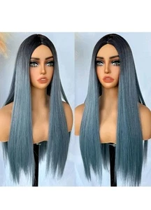 Long Straight Black Ombre Gray Wig Cosplay For Women Synthetic Glueless Soft Wig - Picture 1 of 7