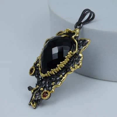Colgante de ónix negro 925 plata de ley oxidada chapada en oro joyería de... - Imagen 1 de 4