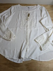 Lauren Conrad Women's Top Sz 2XL White Blouse Sheer Quarter Sleeve Lace Button - Picture 1 of 12