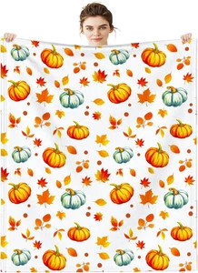 Pumpkins Throw Blanket, Orange Blue Pumpkins and Leaves Soft Flannel Blanket for - Picture 1 of 12