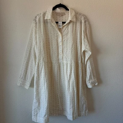 LOFT Beach Collared Dress L White Long Sleeve Button Front Dotted Stripe Cotton - Image 1 of 4