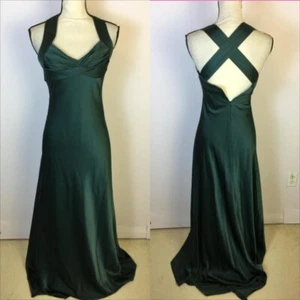 Maxi Vestido Largo Calvin Klein Talla 2 Mujer Verde Azulado Satinado Espalda Cruzada Cuello en V - Imagen 1 de 15
