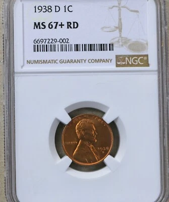 1938 D Lincoln cent graded by NGC MS 67+ RD - Image 1 of 2