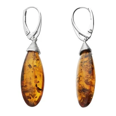 Cognac Amber Lozenge Drop Earrings With a Cone Top Solid Sterling Silver 925 — 第 1/4 张图片