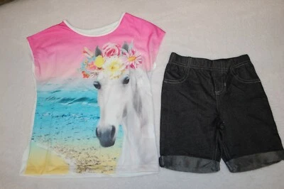 Girls T-Shirt WHITE HORSE w/ FLOWER CROWN Beach BLACK SHORTS Denim Look SIZE 6 - Image 1 of 2