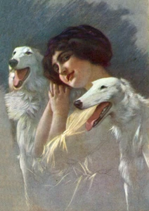 BORZOI CHARMING DOG GREETINGS NOTE CARD TWO BEAUTIFUL DOGS AND PRETTY LADY - Picture 1 of 1