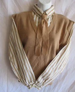Vintage 80s Women's Small Striped Shirt &Acrylic Knit Collared Sweater Tan White - Picture 1 of 8