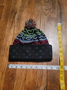 GIRLS MUDD HEADWEAR BLACK w/ Red Blue Green HEARTS KNIT BEANIE Pom Pom - Picture 1 of 7