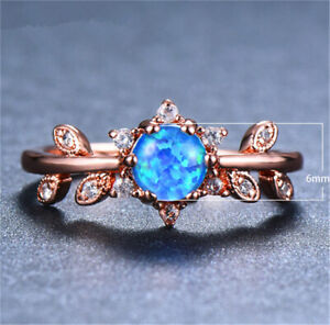 Rose Gold Oval Cut Blue Simulated Opal Rings Wedding Engagement Jewelry Size 6#