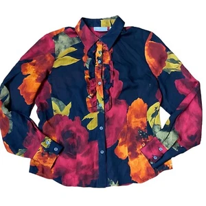 Liz Claiborne 100% Silk Blouse 6P Floral Button Up Ruffled Prairie Cottagecore - Picture 1 of 11