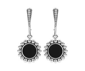 New LAGOS MAYA 925 Sterling Silver Caviar Small Onyx Circle Drop Earrings - Picture 1 of 9