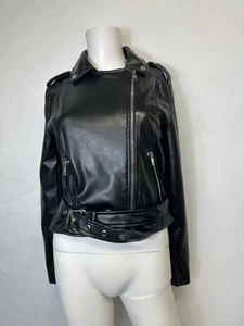 NWT FASHION NOVA FAUX LEATHER SIZE MEDIUM BELTED JACKET Black - Picture 1 of 5