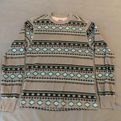 Carbon Shirt Mens Small Gray Blue Aztec Thermal Long Sleeve Crewneck Waffle Knit - Image 1 of 4