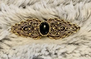 Vtg- Antique Gold Tone Open Metalwork Black Cabochon Bar Style Brooch/Pin - Picture 1 of 7
