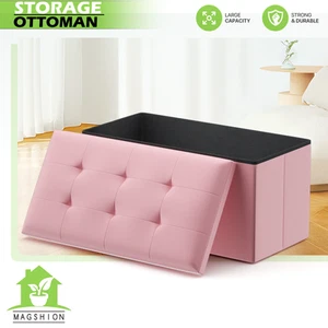 Taburete otomano de almacenamiento plegable rosa claro de 30 pulgadas banco cofre con tapa abatible - Imagen 1 de 9