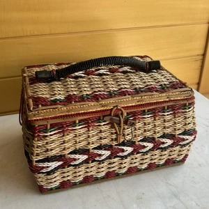 Genuine Vintage Showa Wicker Ratan Sewing Box Plush Interior READ SEE PICS - Picture 1 of 23